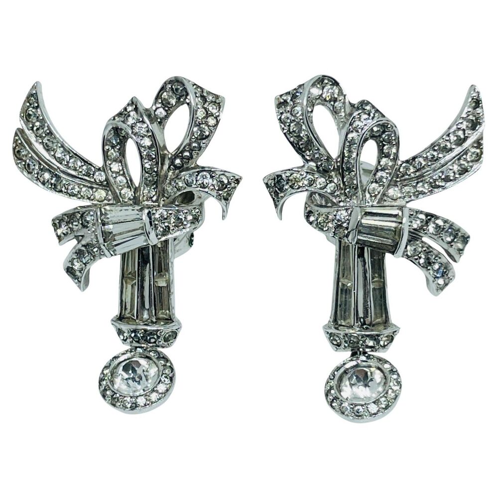 MAZER signed vintage silver tone rhinestones bow designer clip on earrings